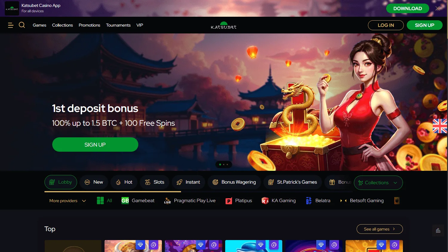 Katsubet Casino home interface on desktop