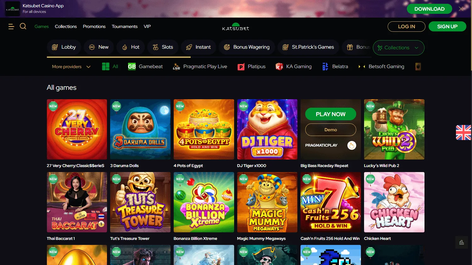 Katsubet Casino games interface on desktop